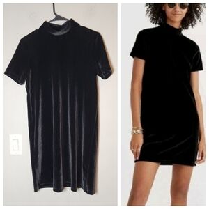 Madewell Black Velvet Short Sleeve Mini Dress Mock Neck Pull Over Stretch Size S